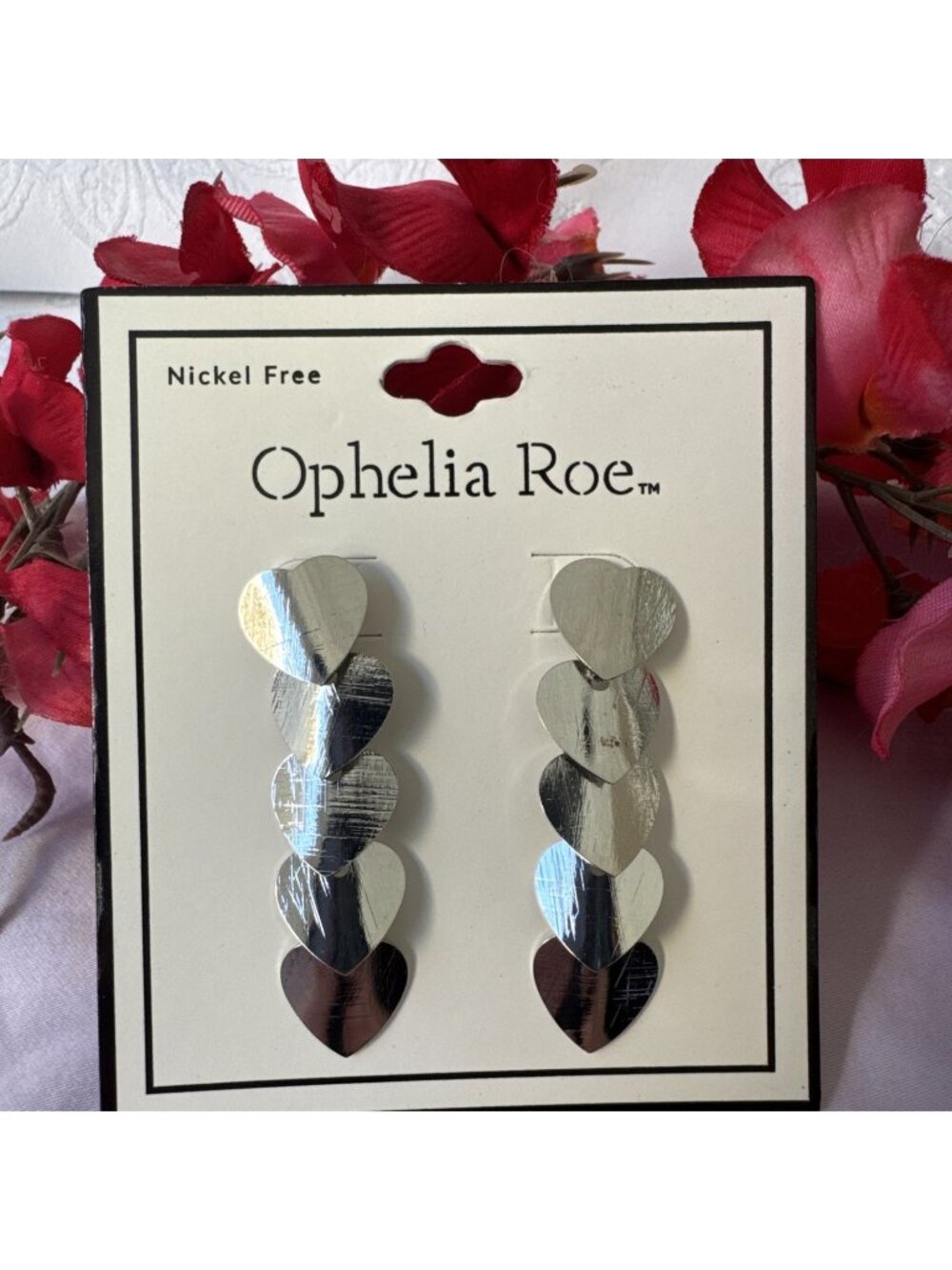 Ophelia Roe Silver Tone Heart Chain 2" Drop Nickel Free Dangle Earrings NEW
